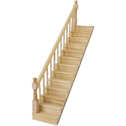 Miniature Stairs 1:12 Scale Dollhouse Furniture Wooden Handrail DIY Unpainted Staircase Dollhouse Accessories Pre-Assembled Steps Model (Left-Handrail) Cover