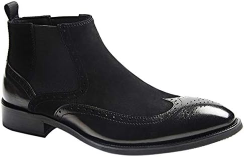 Fulinken Men's Two-Tone Suede Leather Formal Dress Boots Slip on Brogue Wingtip Shoes Chelsea Boots (9, Black)