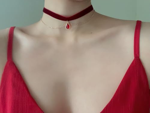 MOMOCAT Red Teardrop Velvet Double Layered Choker Necklace for Women Red Gothic Chokers Vampire Chocker Accessories Burgundy Statement Necklaces2