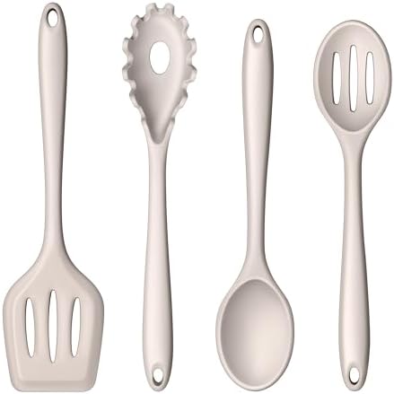 LIANYU 4Pcs Kitchen Utensils Set, Food-Grade Silicone Cooking Utensils, Farmhouse Kitchen Tools for Nonstick Cookware, Include Spoon, Turner, Pasta Server, Heat Resistant, Dishwasher Safe, Khaki