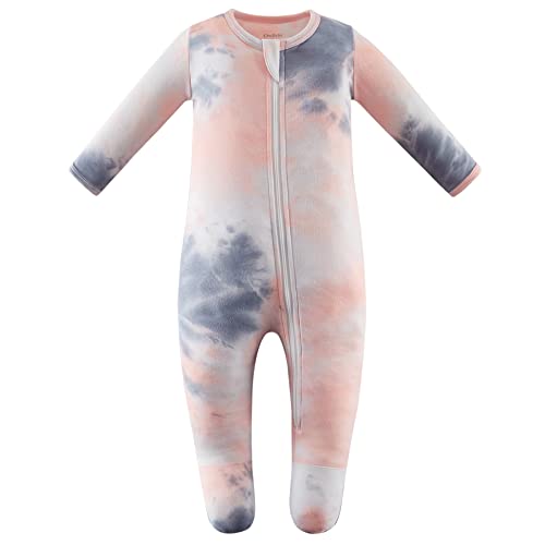 Image of Owlivia Organic Cotton Baby Boy Girl Zip Front Sleep 'N Play, Footed Sleeper, Long Sleeve(0-3 Months, Tie Dye Black Pink)