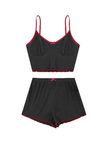 Image of Hilinker Womens Graphic Print Ribbed PJ Set Crop Cami Tops and Shorts Cute Pajamas Set