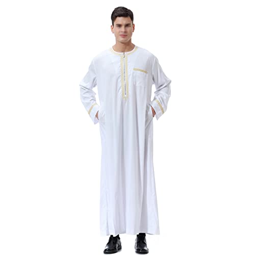 PURFUN Men's Muslim Clothes Durable Kaftan Robe Round Collar Long Sleeve Islamic Thobe Dubai Long Gown Arab Wear3