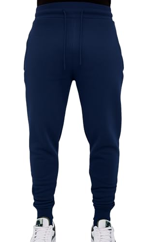 LABEL APPAREL Men's Slim Fit Tracksuit Bottoms Skinny Trousers Sweat Pants Jogging Gym Joggers Causal Slim Fit Running Zipped Pockets Cotton Elasticated (Navy Blue Small)