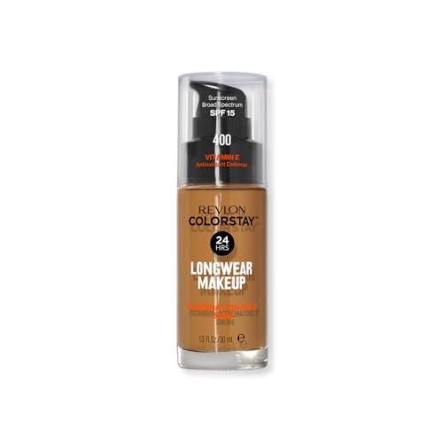 REVLON - ColorStay Base de Maquillaje SPF 15, con Vitamina E, Cobertura Media-Alta, Larga Duración, Acabado Mate, Resistente al Agua, para Piel Mixta-Grasa, Tono 400, Caramel - 30 ml