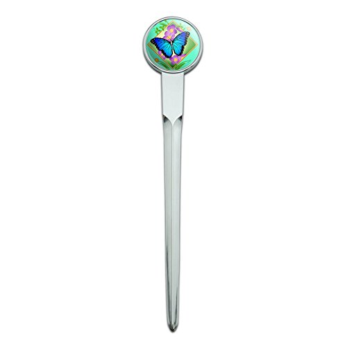 Blue Butterfly Purple Flowers Classic Chrome Plated Metal Envelope Letter Opener Slitter