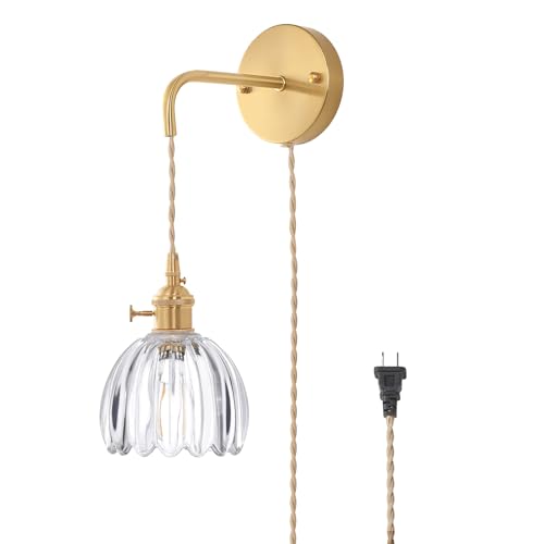 Image of Shenmoyl Vintage Wall Sconce Wall Lamp with Clear Tulip Glass Shade Hanging Wall Sconce with 4.9FT Plug in Cord, Modern Wall Lamp Fixtures Decor for Bedside Bedroom Indoor Doorway