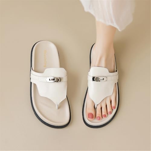 Women's Thick Soled Leather Sandals with Clipped Toes, Fashionable and Casual Buckle Flat Slippers(Apricot,5)2