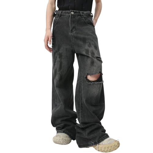 Men's Baggy Jeans Wide Leg Straight Ripped High Waist Casual Streetwear Hip Hop Y2k Hole Denim Pants