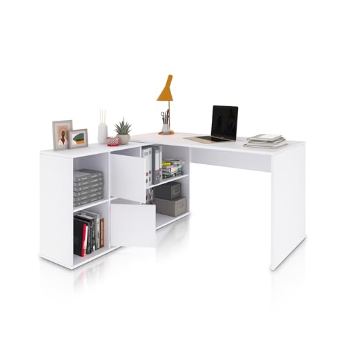 duehome | Escritorio Multiposición Reversible, Mesa Estudio, Mesa PC, Modelo Move, Acabado en Blanco Artik, Medidas: 136 cm (Largo) x 139 cm (Ancho) x 74 cm (Alto)