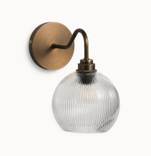 Image of Vintage Antique Brass Wall Sconce with Ribbed Glass Globe Shade, Antique Bronze Finish Gooseneck Sconce for Kitchen Sink, Bathroom, Bedroom (Bulb Included)