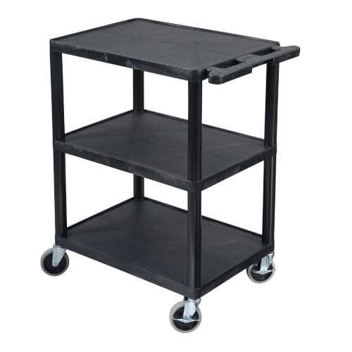 Image of Luxor Multipurpose Storage Utility Cart 3 Shelves Structural Foam Plastic - Black | HDPE Plastic Cart with 4 in Locking Casters and 12 in Shelf Clearance, Ideal Mobile Workstation for Garage or Warehouse Use
