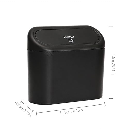 Image of Car Trash Bin with Push Lid and Hanging Hook - Compact Plastic Garbage Can for Car Door, Seat Back Pocket and Desk Use - Black