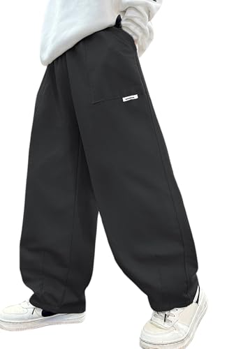 Happy Cherry - Teenager Jungen Cargohose Hip-Hop Baggy Weites Bein Lange Hosen Y2K Vintage Streetwear Kinder Freizeithose Jogger Sommer Baumwolle Bootcut mit Elastische Taille - 130-140 - Schwarz