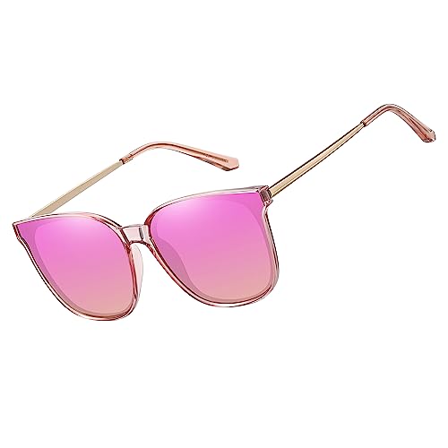 HAOLOTA Polarized Sunglasses for Women UV Protection Oversized Cat Eye Lightweight Trendy Shades A05 Clear Pink Frame Pink Lens