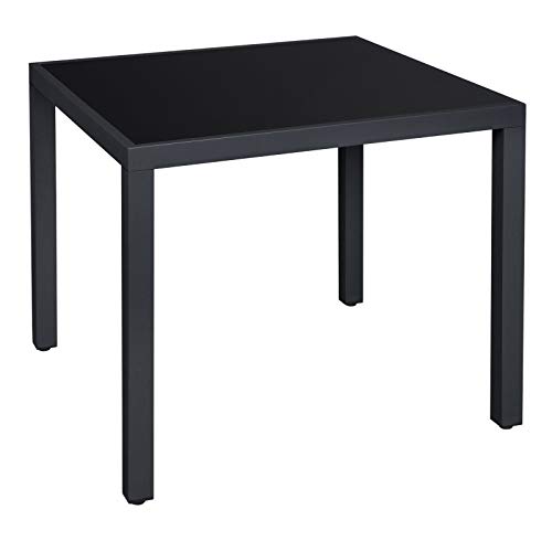 SONGMICS Glass Garden Table, Square Patio Table for Outdoor Picnic Party, Tempered Glass Top and Aluminium Frame, 85 x 85 x 73 cm, Black GPT08BK