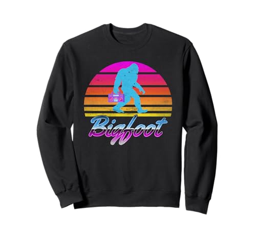 Bigfoot esiste! Throwback in stile invecchiato presenta tramonto colorato rad e boombox.
