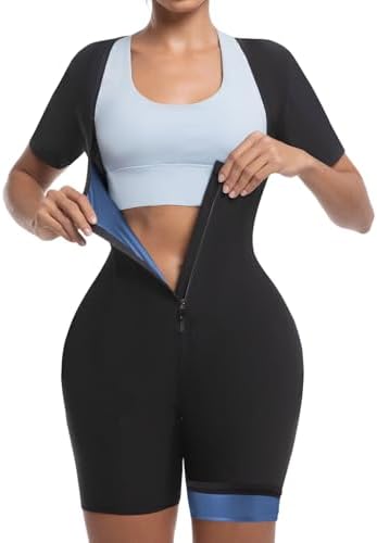 Meiosuns Sauna Sweat Suit for Women Weight Loss Waist Trainer Full Body Compression Sweat Suit 4 in 1 Slimming Heat Trapping Sauna Shirt for Workout Bodysuit Gym Fitness Shaper Thighs (Blue,2XL)