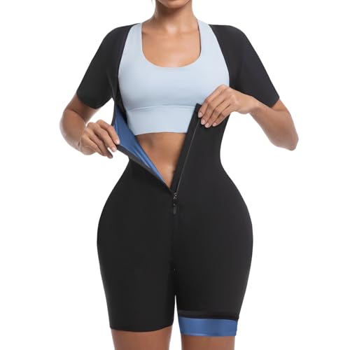 Meiosuns Sauna Sweat Suit for Women Weight Loss Waist Trainer Full Body Compression Sweat Suit 4 in 1 Slimming Heat Trapping Sauna Shirt for Workout Bodysuit Gym Fitness Shaper Thighs (Blue,M)