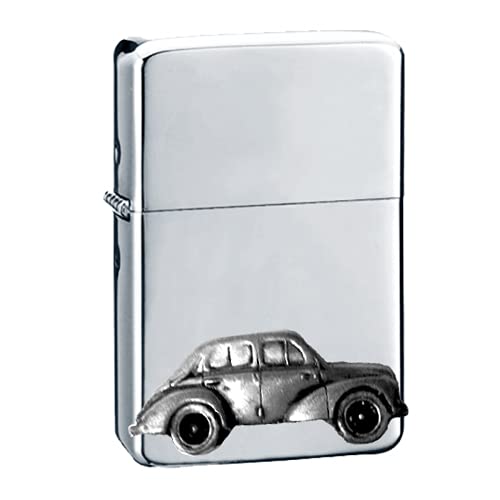 Briquet à essence 4 CV avec motif effet étain élégant et rabat argenté