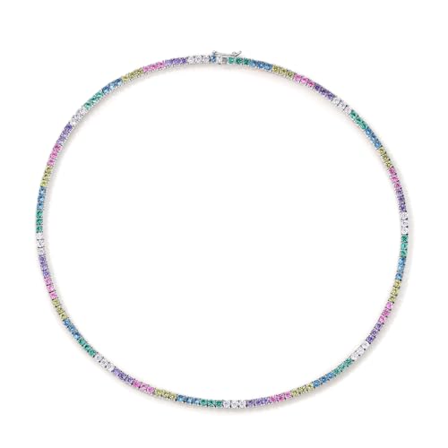 925 Sterling Silver Rainbow CZ Tennis Necklace for Women, Dainty Colorful Choker, Y2K-Inspired Pastel Jewelry Gift