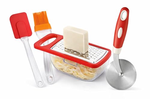 Image of Hetarmi Kitchen Combo of Steel Blade Pizza Cutter with Silicone Spatula and Oil Brush Set (Pizza + Spechula +Oil Brush+Cheez Grater)-Multicolor..
