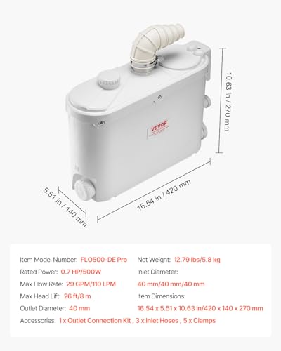 Image of VEVOR Macerator Pump, 500W, 29 GPM Flow, 26 ft /8 m Head, Macerator Sewerage Toilet Pump with 4 Water Inlets, Waste Water Disposal Upflush Machine for Kitchen, Basement, Shower, Sink, Laundry, Bathtub