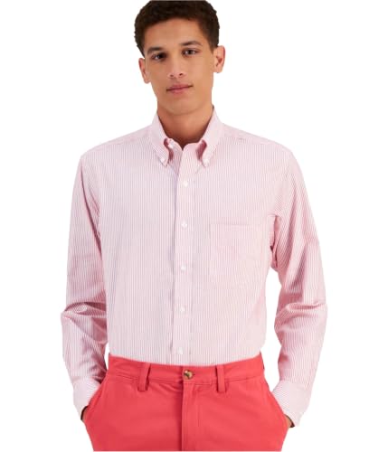 Club Room Mens University Stripe Button Down Dress Shirt, Red, 15.5" Neck 32"-33" Sleeve