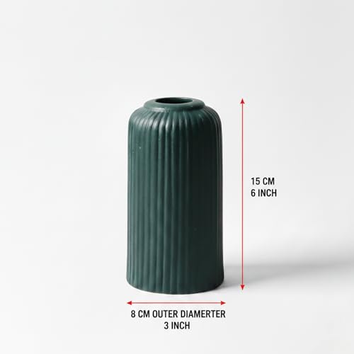 Image of KREATIVE ART'S Modern Ribbed Design Ceramic Flower Vase for Living Room, Flower Pots for Artificial Flower, Home Decoration Item, Home Decor, Vases for Living Room (Dark Green, Small)