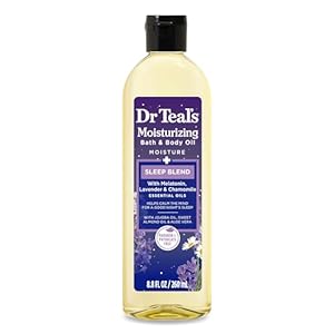Dr Teal’s Moisturizing Bath & Body Oil, Sleep Blend with Melatonin, Lavender & Chamomile Essential Oils, 8.8 fl oz.