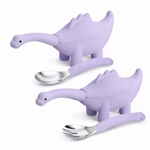 Image of Baby Spoon and Fork Set, Purple Silicone Toddler Cutlery Set with Dinosaur Case, 2 Pc, Self Feeding Utensils for Baby Meals School and Travel, Mealtime Essential