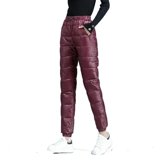 NYSBH Dam vardaglig bomull byxor överdimensionerad 4XL varma vinterbyxor vindtät elastisk hög midja träningsbyxor snökläder capribyxor, Vinrött, M