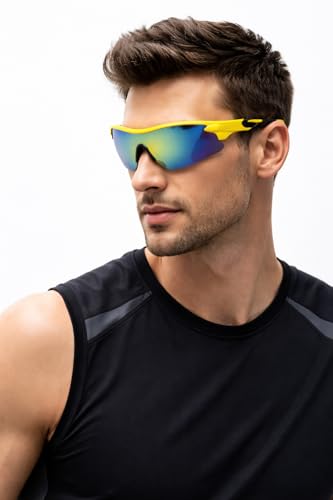 Image of Oversized Sports Goggles for Men & Women UV400 Protection Non Polarized Cycling Running Cricket Driving Fishing Outdoor Lightweight Wraparound Design Clear Vision Eyewear. (Yellow)