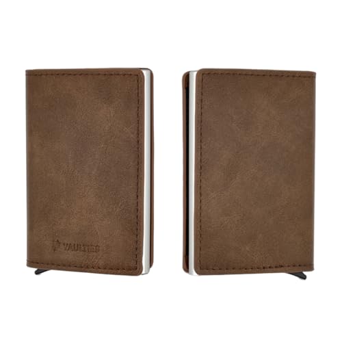 Men’s Leather RFID Wallet – Slim Aluminum Automatic Pop-Up Card Holder with 8 Card Slots, and RFID Blocking for Credit Card Protection (Brown)