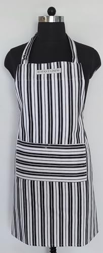 Image of Kitchen Apron - 100% Cotton, Adjustable Neck strap, Large Pocket - Unisex Apron for Men & Women - Cooking, Baking, BBQ, Gardening - Solid Colours, Striped and Checkered Patterns