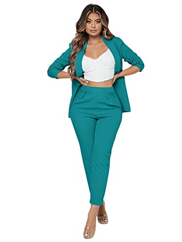 Sweatyrocks Women's 2 Piece Solid Ruched Sleeve Blazer And Pants Business Office Suit Set Cadet Blue L #TOP3