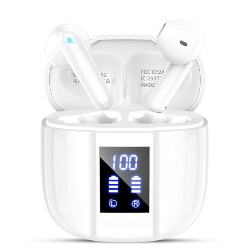 Image of Wireless Earbuds, Bluetooth 5.4 Headphones, 48H, Stereo Ear Buds, LED Display Earphones with Mic, IP7 Waterproof In EarBud, Comfort Fit, Bluetooth Earbuds for Phone Android iOS, Sport, Walk, White