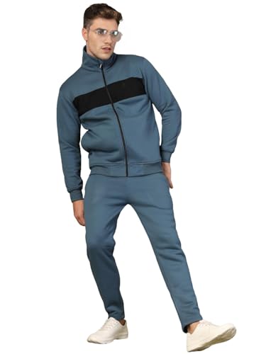 Image of CHKOKKO Mens High Neck Winter Tracksuit Full Zip Jacket with Elastic Waist Lower Warm and Soft Activewear Set for Gym Running and Casual Use Indigo Black 4XL