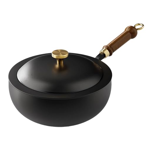 loyimioo Uncoated Thick Iron Pot 10 Inch Japanese Pan Cast Iron Wok with Lid Thermal Conductivity Efficiency, Hand Forged Iron Easy to Clean for Deep Frying Stewing Oven Induction Cooker