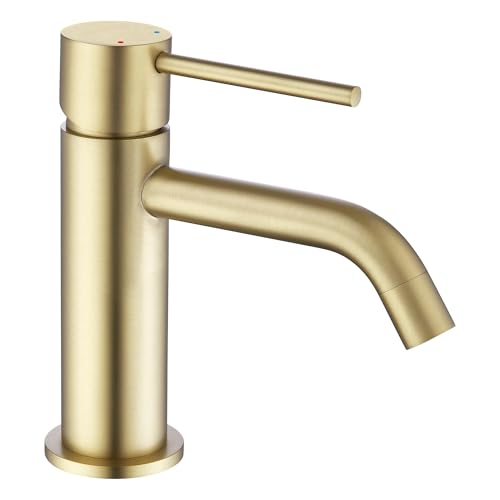 Friota Rubinetto in oro spazzolato, a bassa pressione, anti-impronte digitali, monocomando, con tubo di alimentazione, senza piombo, moderno, montaggio monoforo, lavabo da bagno, oro opaco