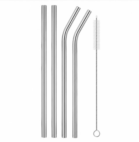 Stainless Steel Reusable Drinking Straws Set of 5 with Cleaning Brush | 2 Straight & 2 Bent Straws, Food Grade Metal, Silver Finish, For Smoothies & Coffee, Includes Cleaning Brush-image-6