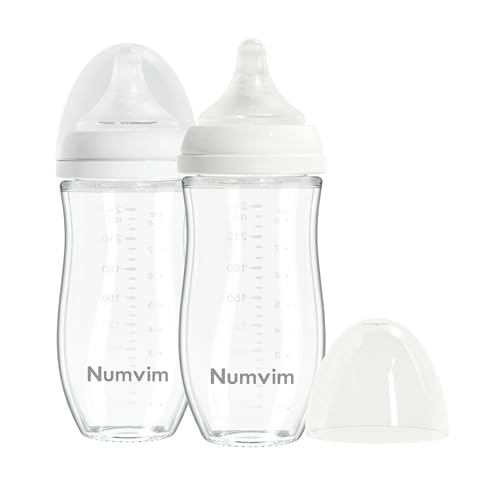 Numvim Natural Glass Baby Bottle for Breastfeeding Babies, Baby Essentials, Gentle Medium Flow, Wide Neck Bottle with Anti Colic Nipple for 3 Months Babies, Includes M Nipples (8Oz, 2 Packs)