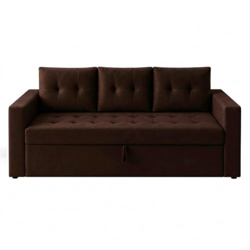 Image of FURNY Tressa 3 Seater Fabric Pull-Out Sofa Cum Bed Function (Dark Brown) | Luxury Velvet Suede Finish | Durable Comfort Sofa Bed for Modern Living Room & Office Spaces