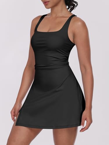 Caracilia Womens Tennis Dress Built in Shorts Square Neck Sleeveless Workout Athletic Mini Skort Dress Golf Summer Outfits2