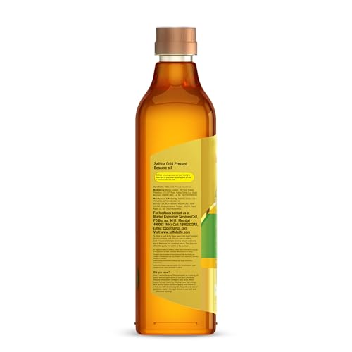Image of Saffola Cold Pressed Sesame Oil | 100% Cold Pressed Sesame Seed Oil | Helps Lower Cholesterol, Goodness of Omega 6 & Authentic Seed Flavour | 1L Pet Bottle (Pack of 3)