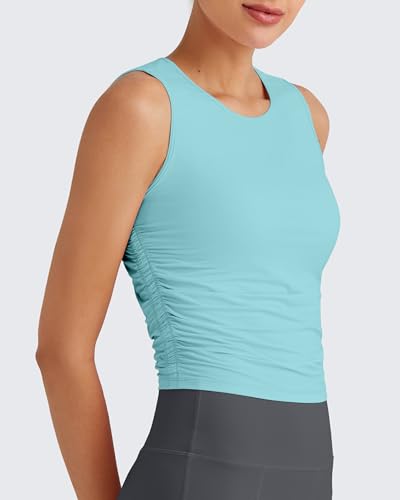 Image of G4Free Skimetic Workout Tank Tops for Women Side Ruched Sleeveless High Neck Crop Top Summer Athletic Gym Shirts