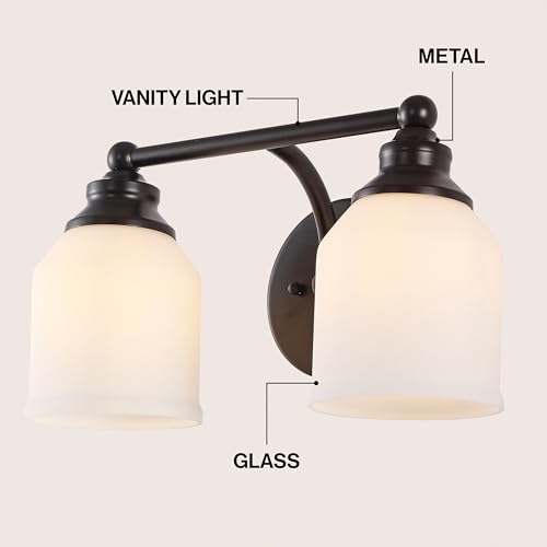 Image of JONATHAN Y 14 inch Oil Rubbed Bronze /White Modern Farmhouse LED Vanity Light Wall Sconce Fixture, Frosted White Glass Shade, Dimmable Wall Lamp for Bathroom Mirror Kitchen Sink, UL Listed (JYL7550C)