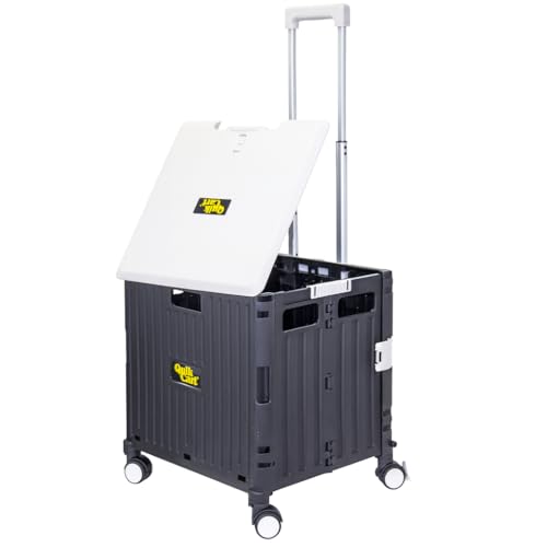 Image of dbest Products Quik Cart Swing Lid Four Swivel Wheeled Rolling Crate Teacher Utility with seat Heavy Duty Collapsible Basket with Dual Telescopic Wagon Handle