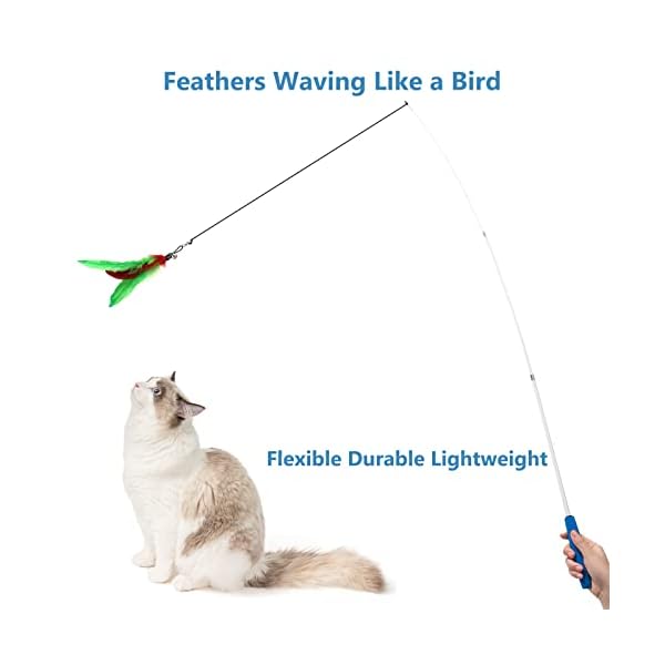 Cat toys feathers wand, interactive cat toy kitten toys 2 retractable cat wand toy and 7 feather teaser refills with bells, telescopic cat fishing pole toy for indoor bored cats gifts exercise pack - image 3