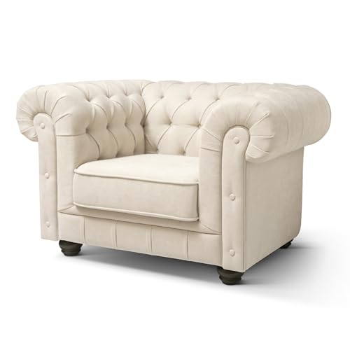 SUEÑOS ZZZ Sillón para salón Chesterfield de 1 Plaza 110 x 70 x 80 cm, butaca para Dormitorio, sofá Individual tapizado en Tela Anti Manchas Beige con Capitoné Real
